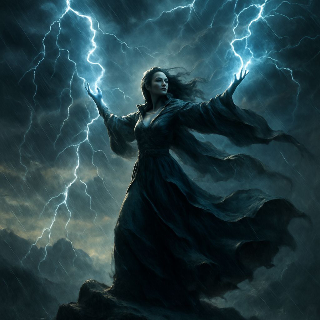 A powerful sorceress commanding a storm of elemental magic, with crackling lightning, swirling winds, and torrents of rain. She stands on a ...