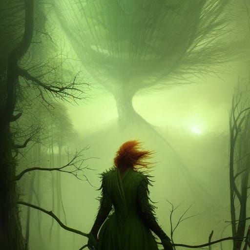 beautiful woman slowly turning into a tall tree . glowing gr...
