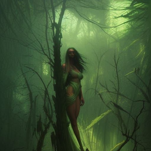 beautiful woman slowly turning into a tall tree . glowing gr...