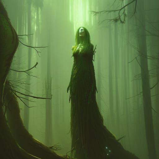 beautiful woman slowly turning into a tall tree . glowing gr...