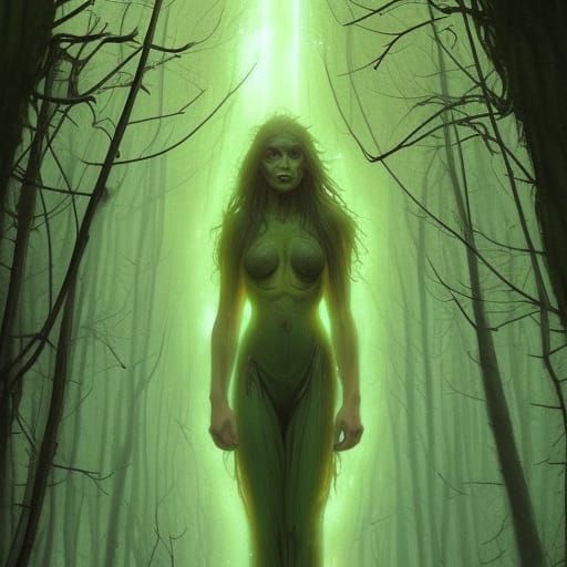 beautiful woman slowly turning into a tall tree . glowing gr...