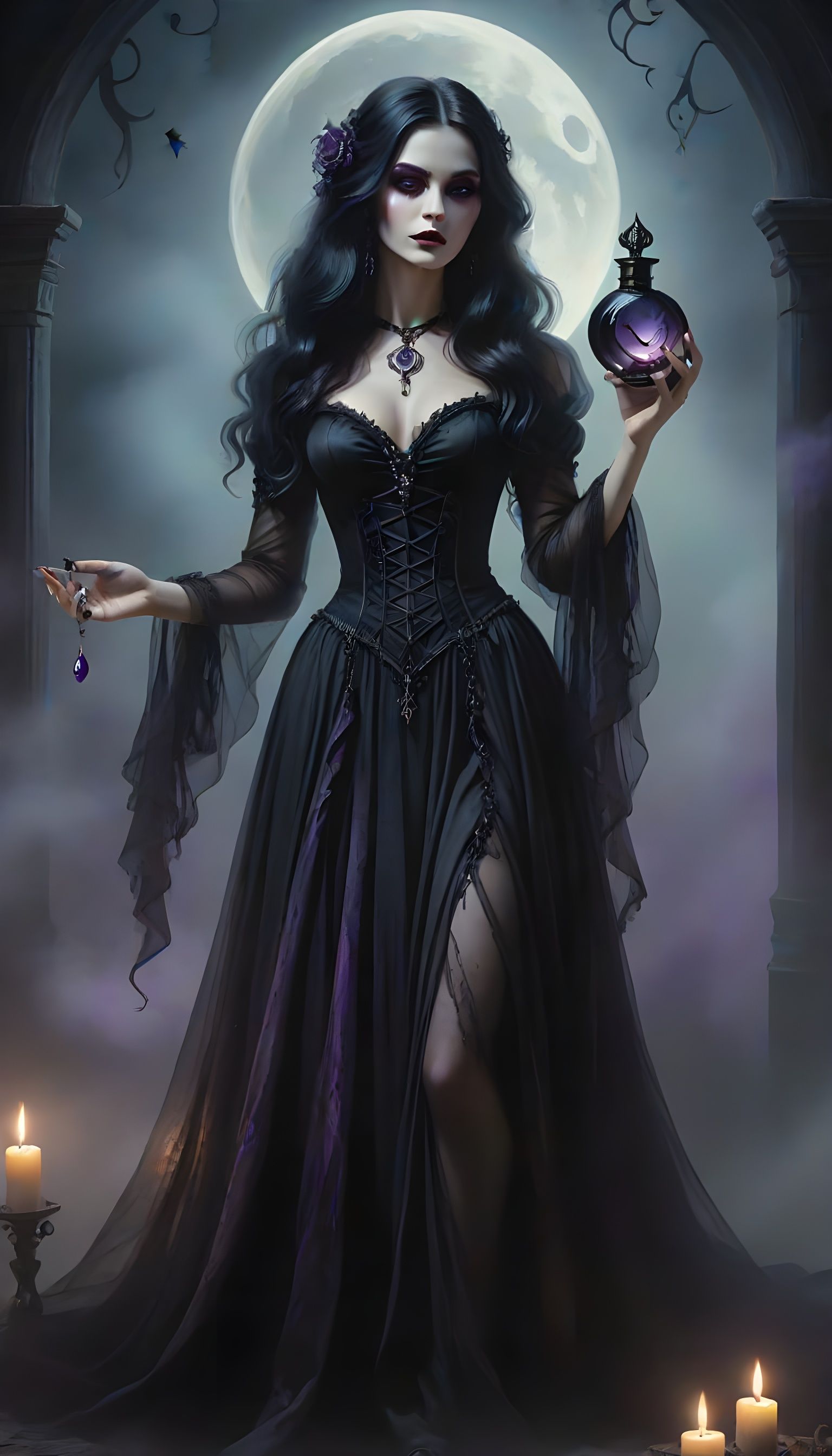 A mysterious, sensual witch with long dark hair and piercing violet eyes, wearing a sheer black gown, ...  by @Karina 