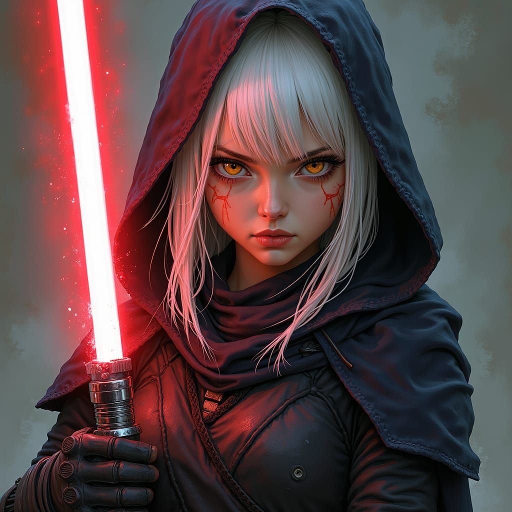 shin hati, star wars, realistic, comic, white haired girl with bangs 
sith, hooded, yellow eyes, red lightsaber, eyes ma...