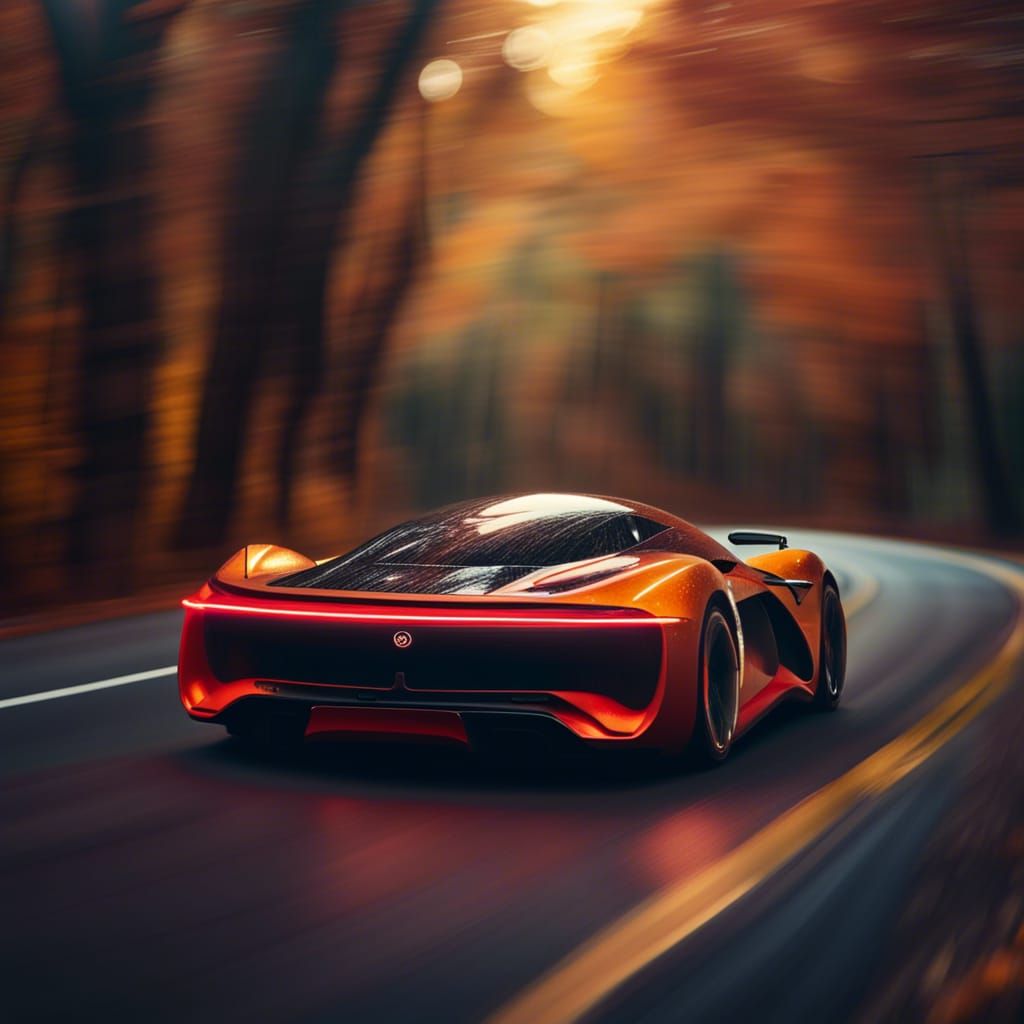 A futuristic sport car whizzing down a road passing through an autumn ...