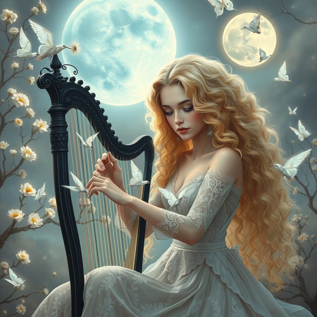 Moonlight Sonata, hyper-realistic,  delicate beautiful, enchanting woman surreal,   long curly rich blond ...  by @Sumikokeel