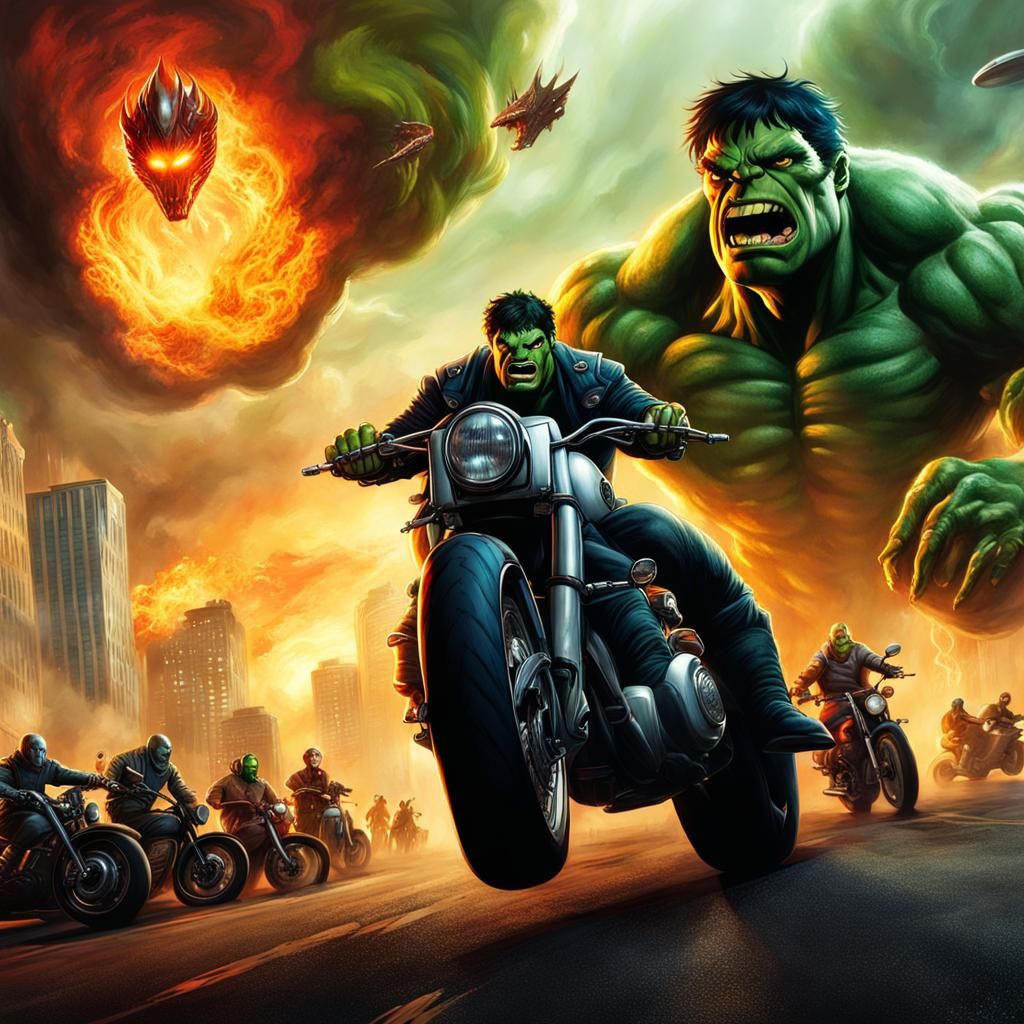 Hulk riding a motorcycle in an apocalypse background being c...