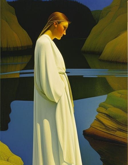 woman, robed in blue waters, river, Jean Giraud, N.C. Wyeth,...