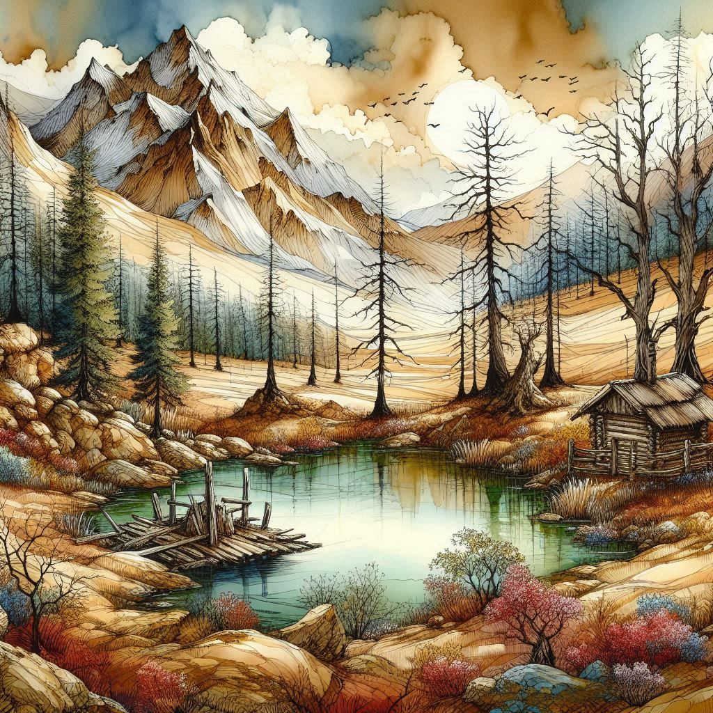 The hut at the pond in the mountains