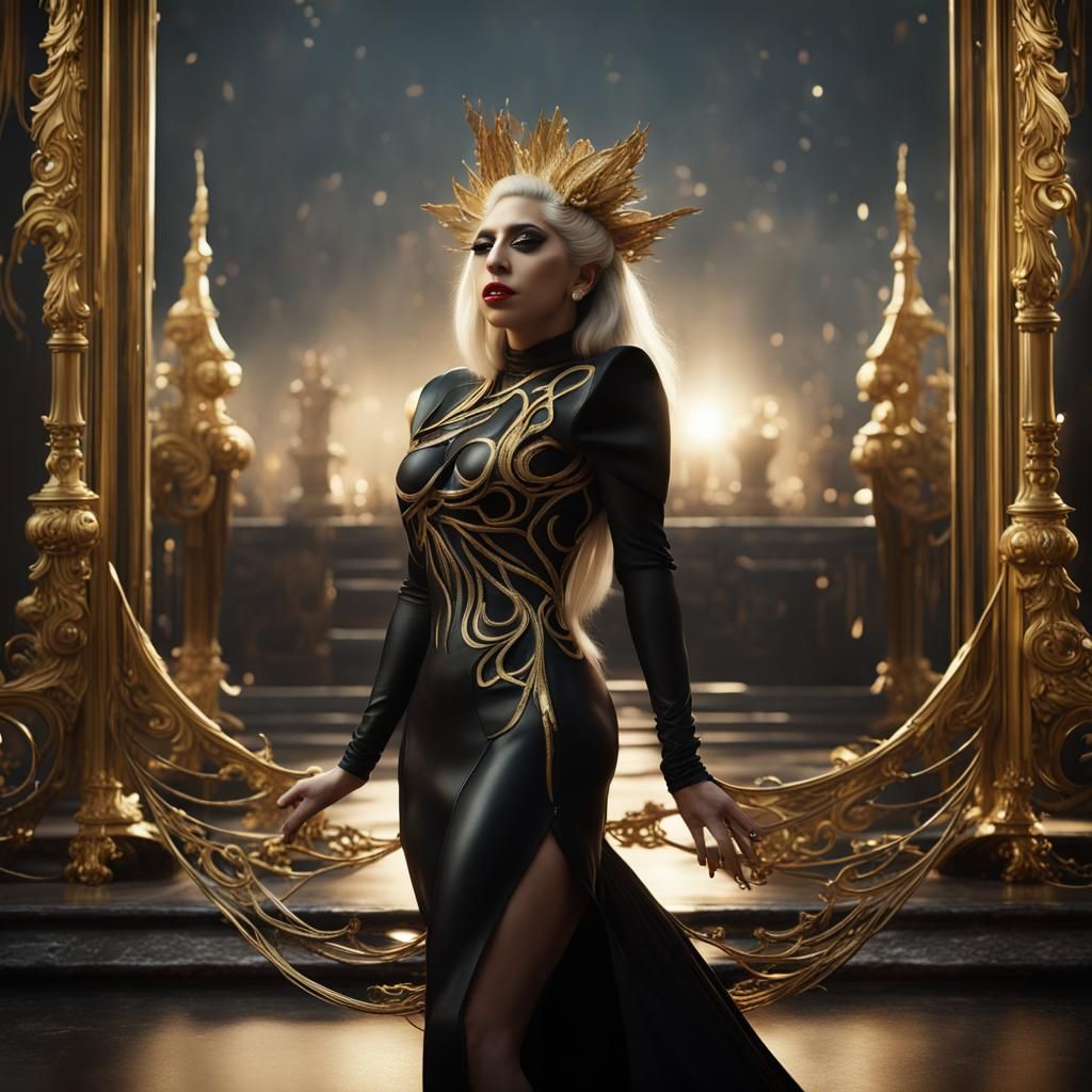 **lady gaga in black & gold, in the style of cinematic still...