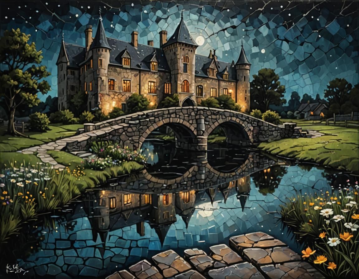 A stone bridge leading to a medieval mansion  by @Adab Sur Dum