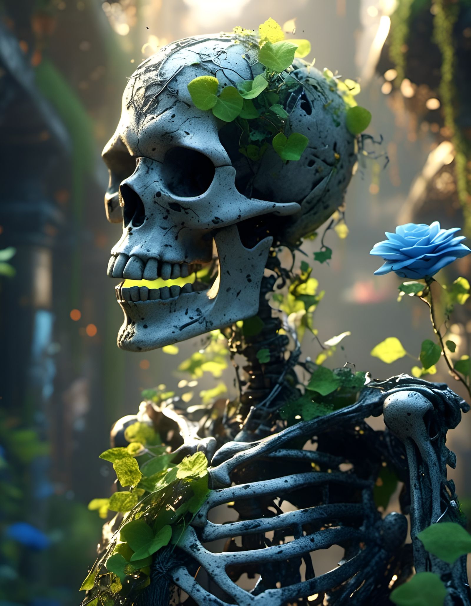 Blue flowers grow through bones 💙