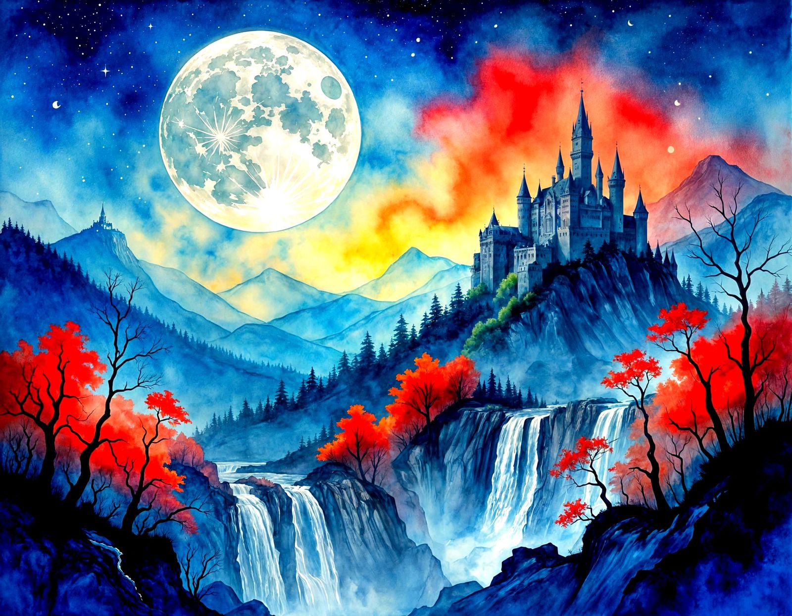 Surreal Watercolor Landscape with Castle and Waterfalls