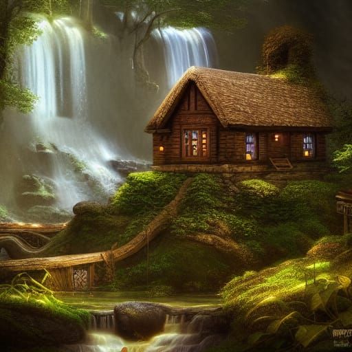 cottage in a waterfall in the woods