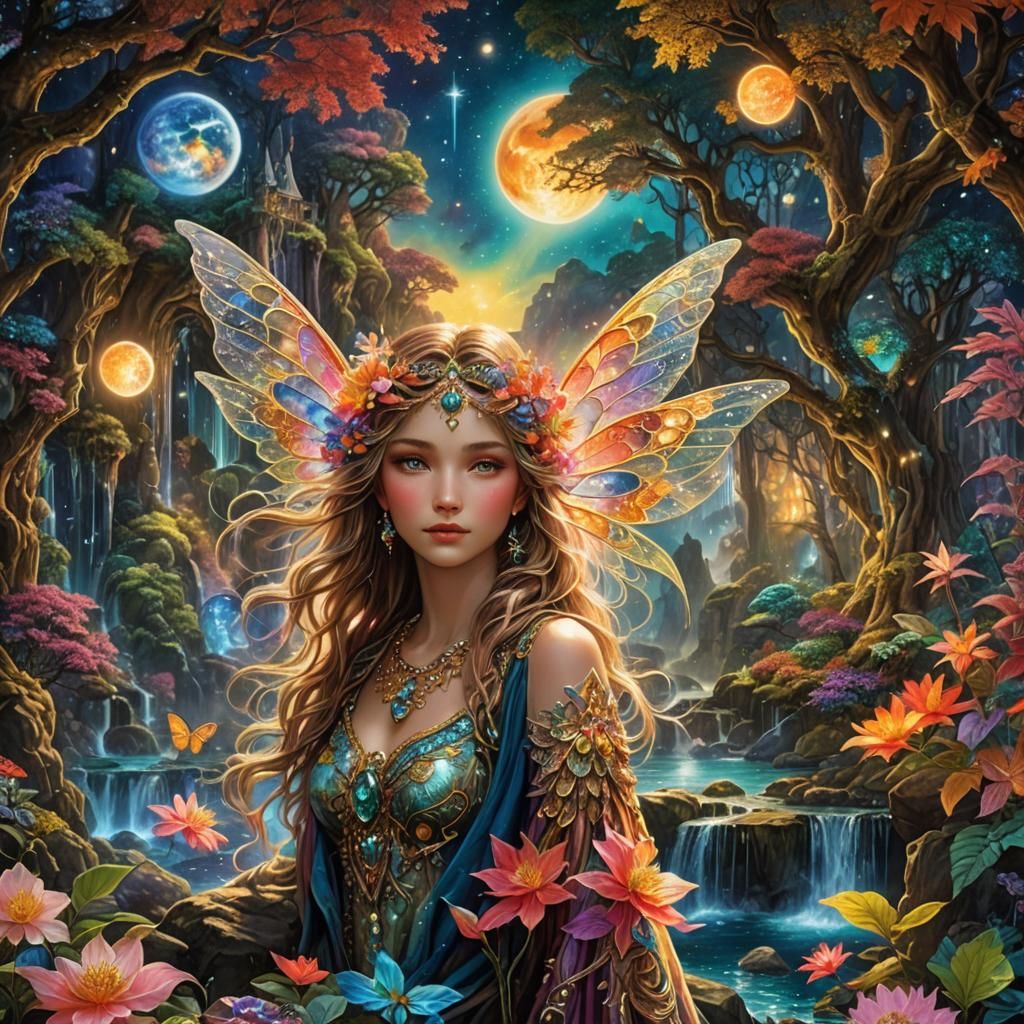 Magical Fairy Scene with Planets and Crystals