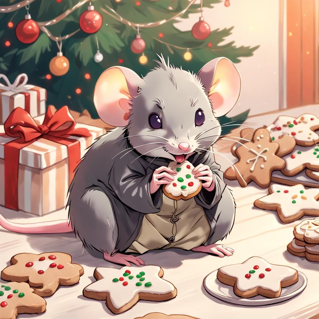 A rat eating Christmas cookies. Anime from Ghiblin Studios, ...