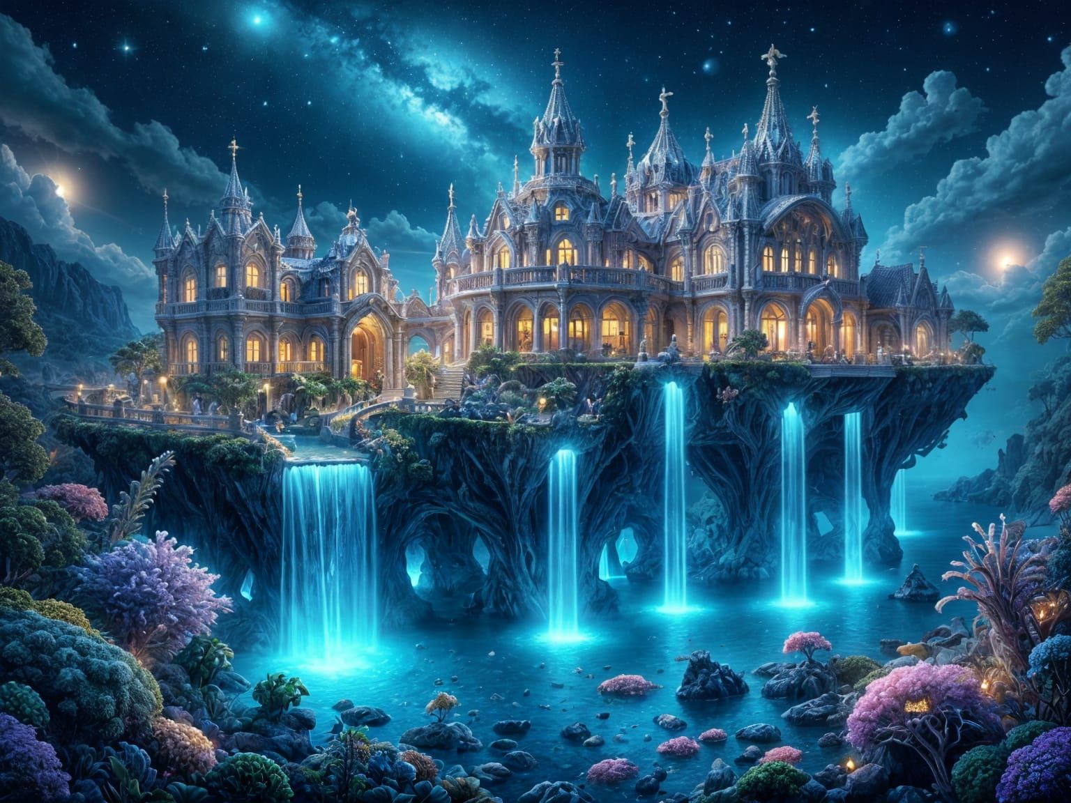 Floating Island City at Night in Gaudí & Hadid Style