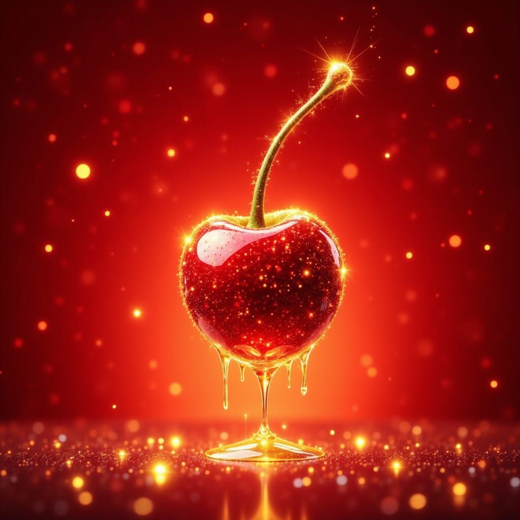 Glittering Cherry Drips Honey in Fantasy Watercolor Art