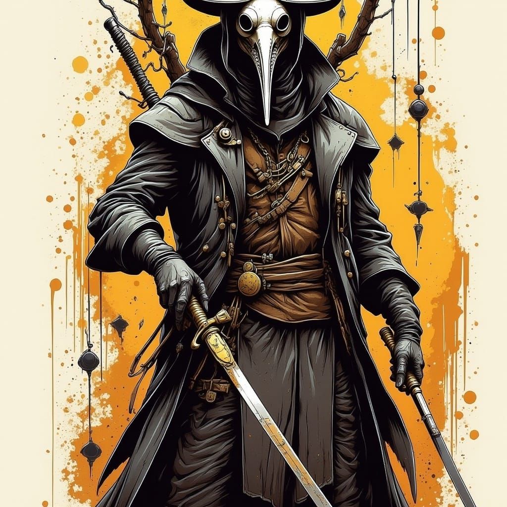 <lora:Gutterballfl:1.0> Insanely detailed splashy action illustration of epic plague doctor boss by Agnes Cecile and Russ Mills and Alberto...