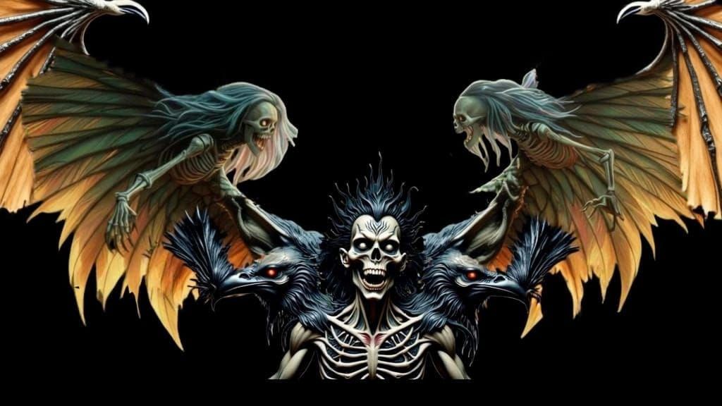 <lora:Screamo Flux Edition:1.0> A malevolent demonic raven creature with wings, its body intertwined with two wailing female undead beings f...