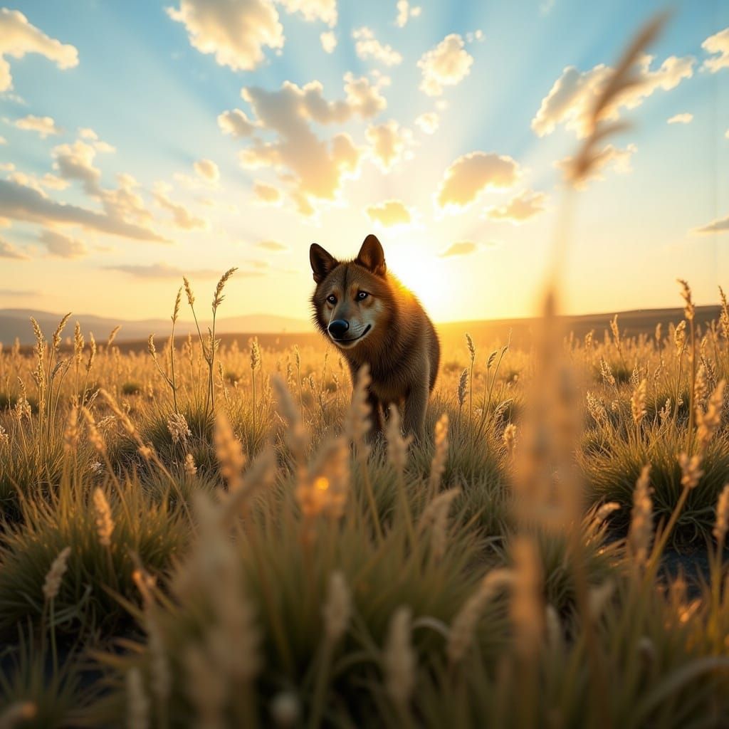 Wind-swept prairie, Hyena <lora:Wisps of Glow:1.0> 