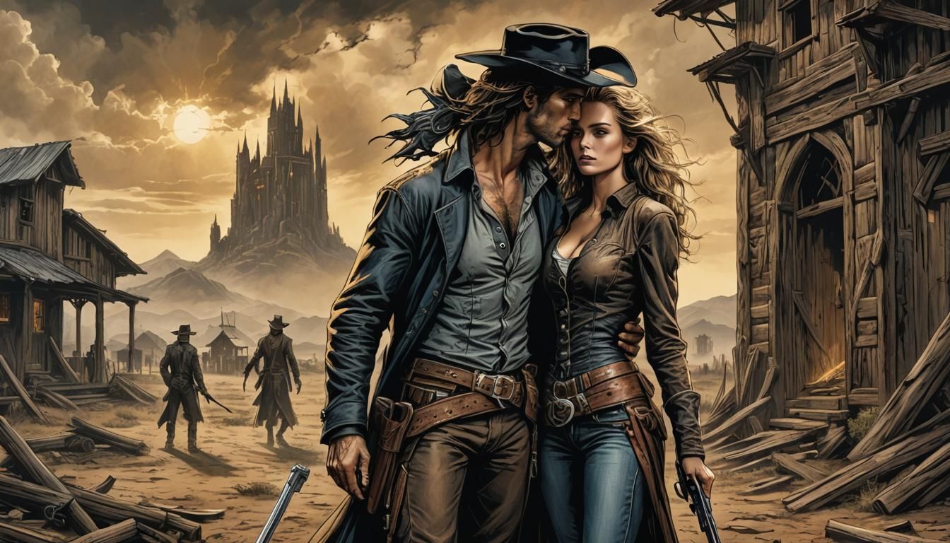 Fantasy Gunslingers Embrace in Dark Tower Style