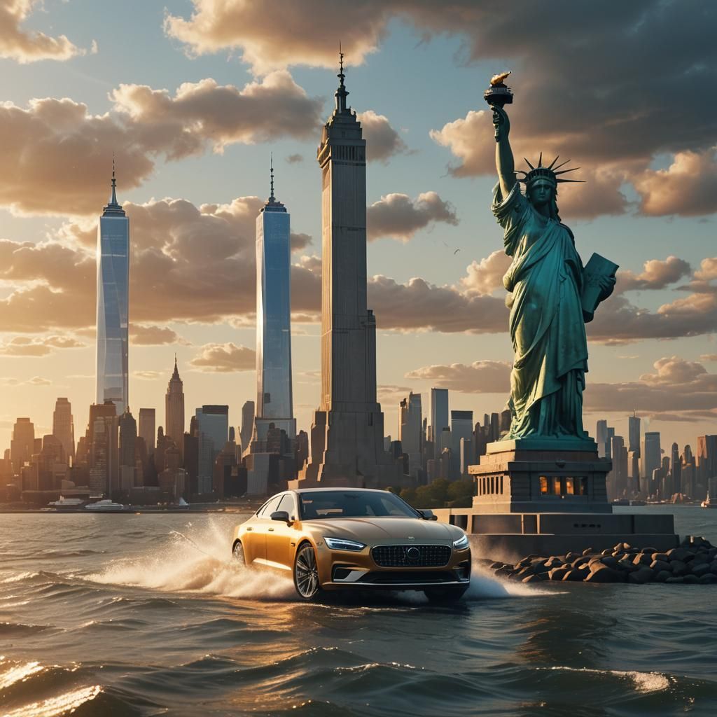 Luxury Car and Liberty Statue in Fantasy Art Style