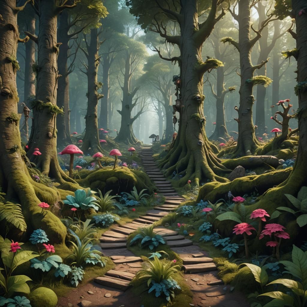 a path in the forrest where small and cute trolls are walkin...