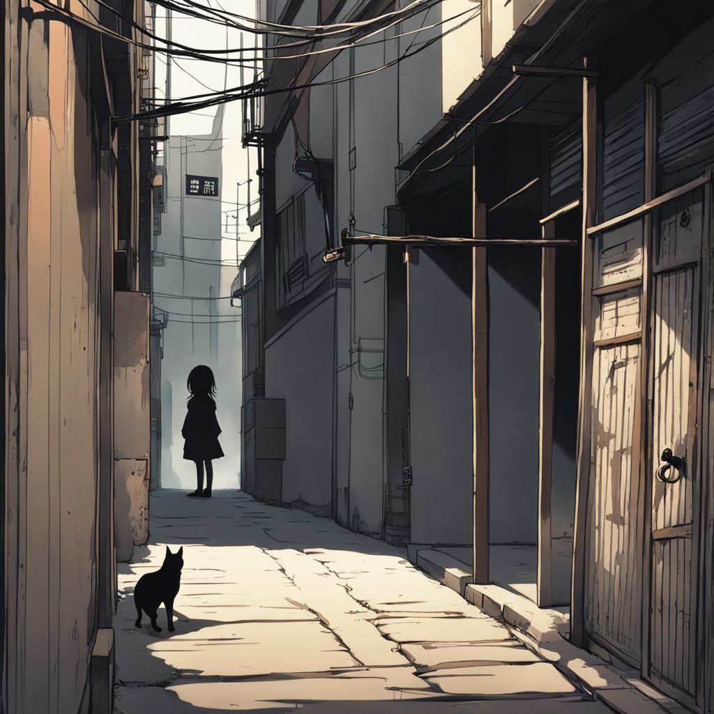 a shadow figure watching a young girl in an alleyway - AI Generated ...