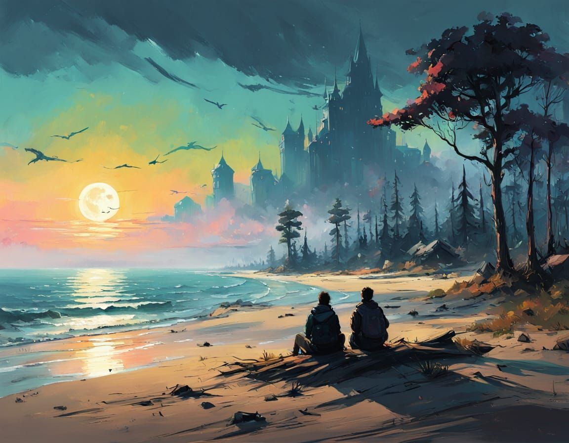 Two lone figure silhouetted sitting on a moonlit beach, gazing out at the endless expanse of the ocean. ...  by @Drago