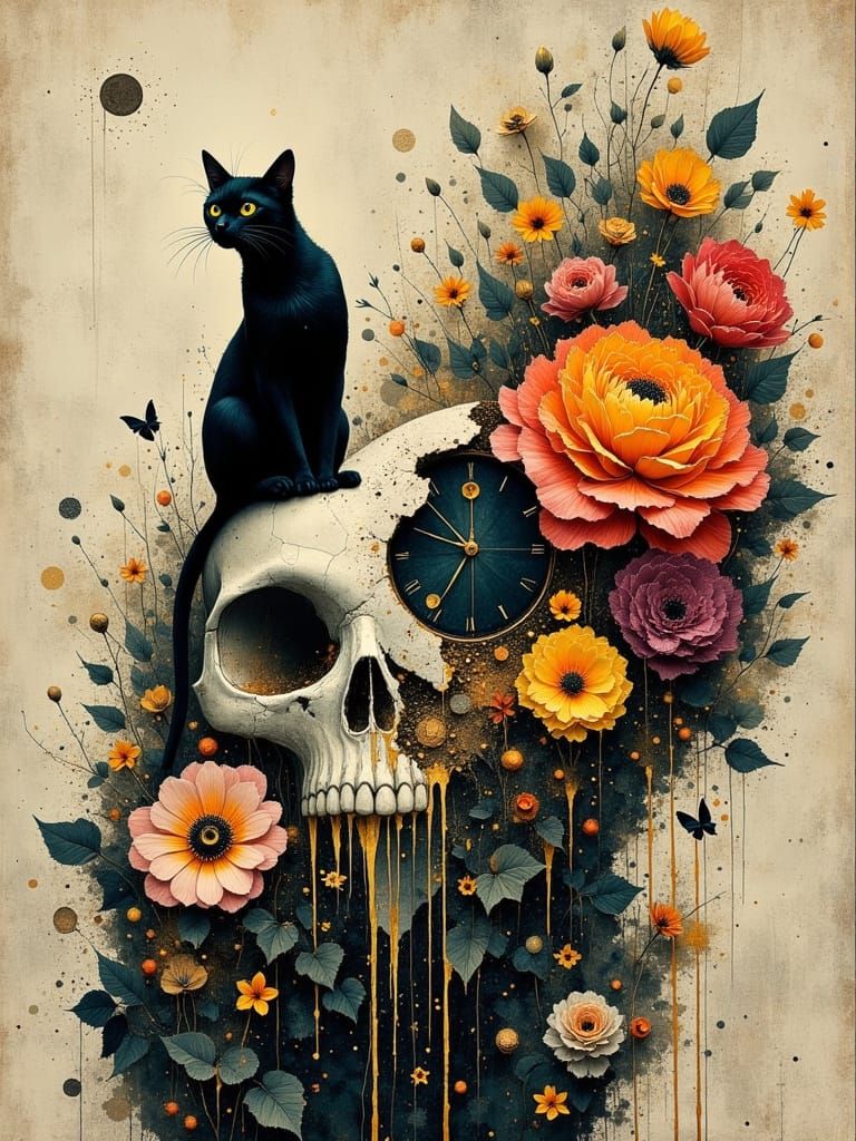 Black cat, skull, flowers, clock, and diamond  hyper detailed <lora:Akimora:1.0> <lora:divineOil:1.0>  <lora:Abstract Reality:1.0>surrealism...