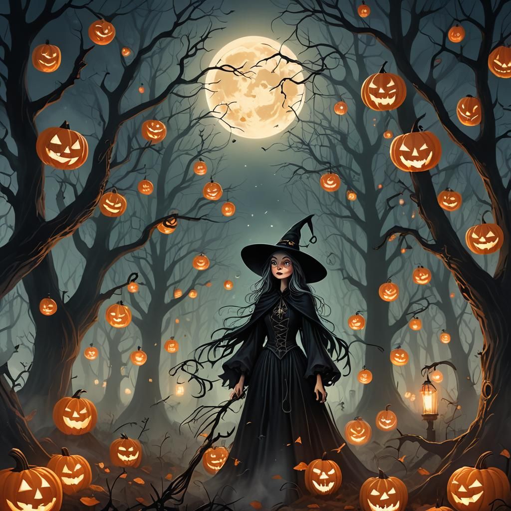 Witch in Forest with Jack-o-Lanterns, Fantasy Illustration