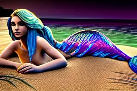 Beautiful mermaid with long iridescent blue hair intricate t...