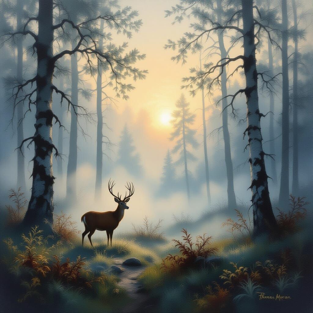 A foggy forest with a deer   by @axelb