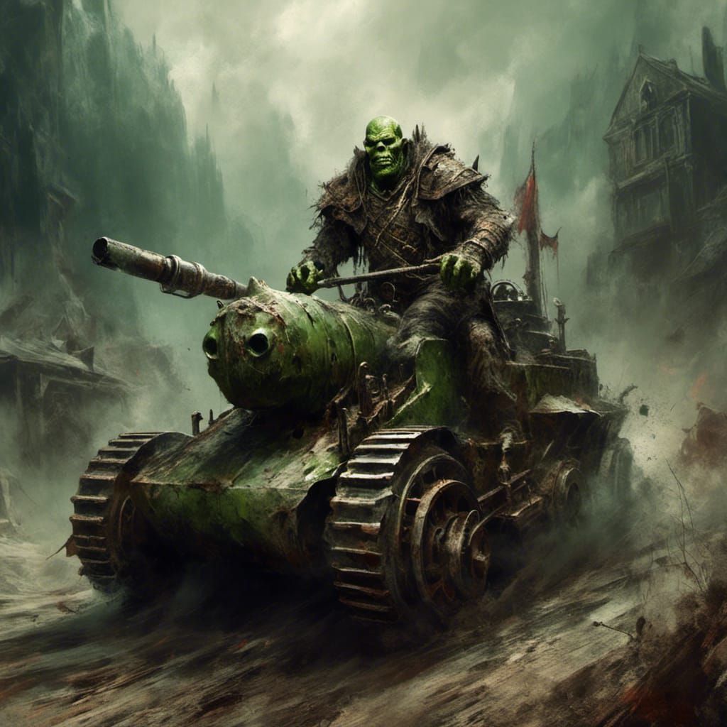 Green orc warrior driving a small tank