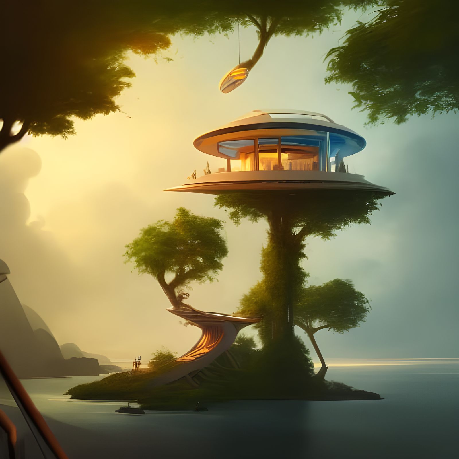 Futuristic Treehouse on Island, Digital Illustration