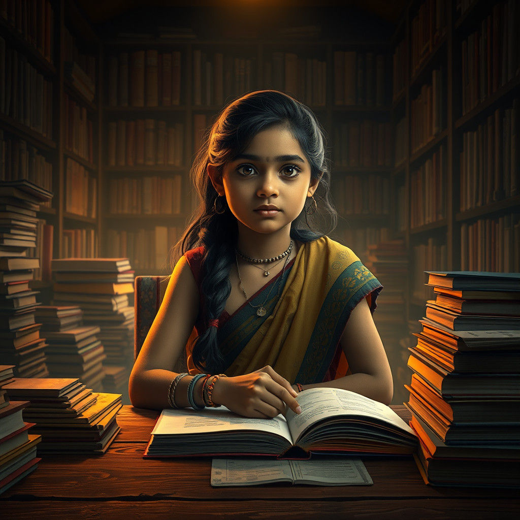 Indian Girl Studying in Library, Fantasy Concept Art