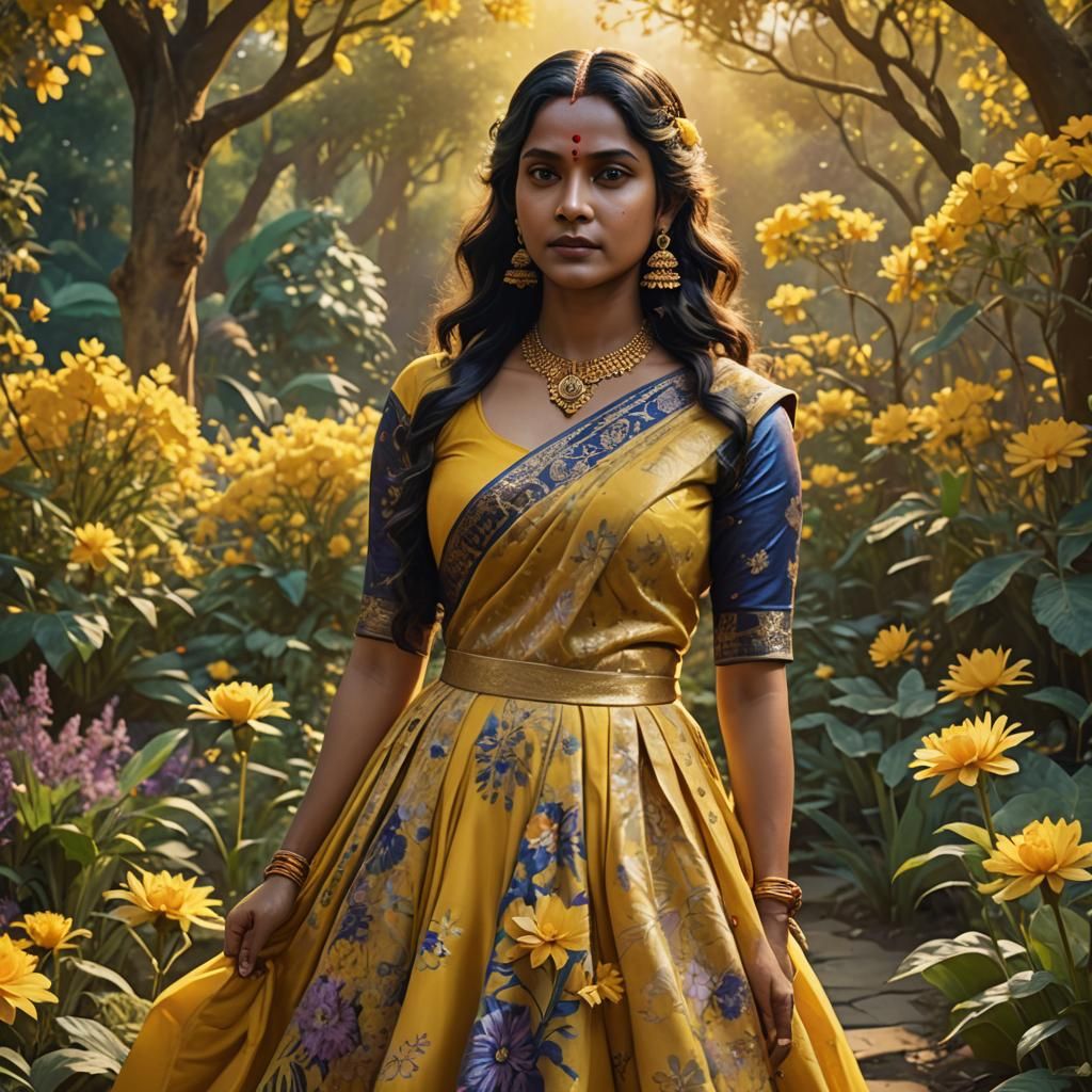 Hindu goddess Mahadevi with yellow gown standing in a garden...