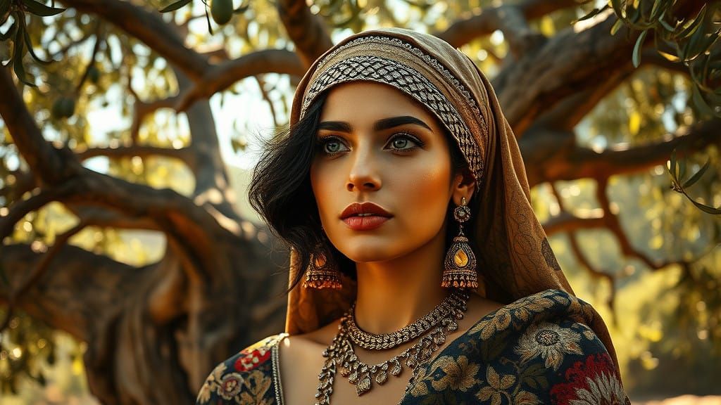 Berber woman wearing Algerian jewelry and sitting under olive tree, head and shoulders portrait, 128k ...  by @Kamy Kamacho