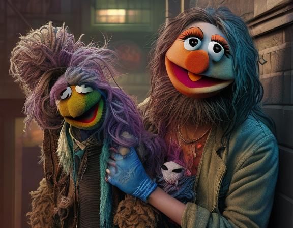 Two Bros Sesame Street Photorealistic, grungy metal, silly pet tricks ...