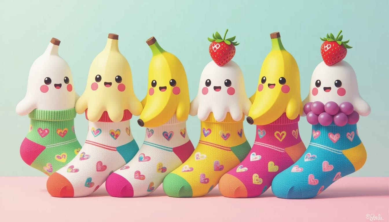 a playful pattern of tiny fruit-shaped ghosts adorns a pair of cozy socks, with each ghost sporting a different fruit costume, such as a ban...