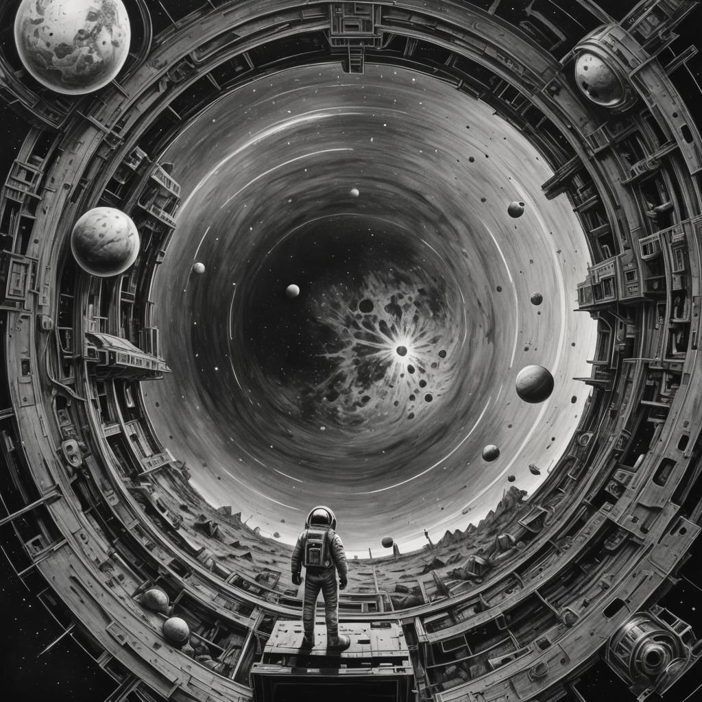 Astronaut, Alone, Void, Sphere, Birds Eye view, vast, vintage sci fi, retro space, abandoned, galaxy, black and white.