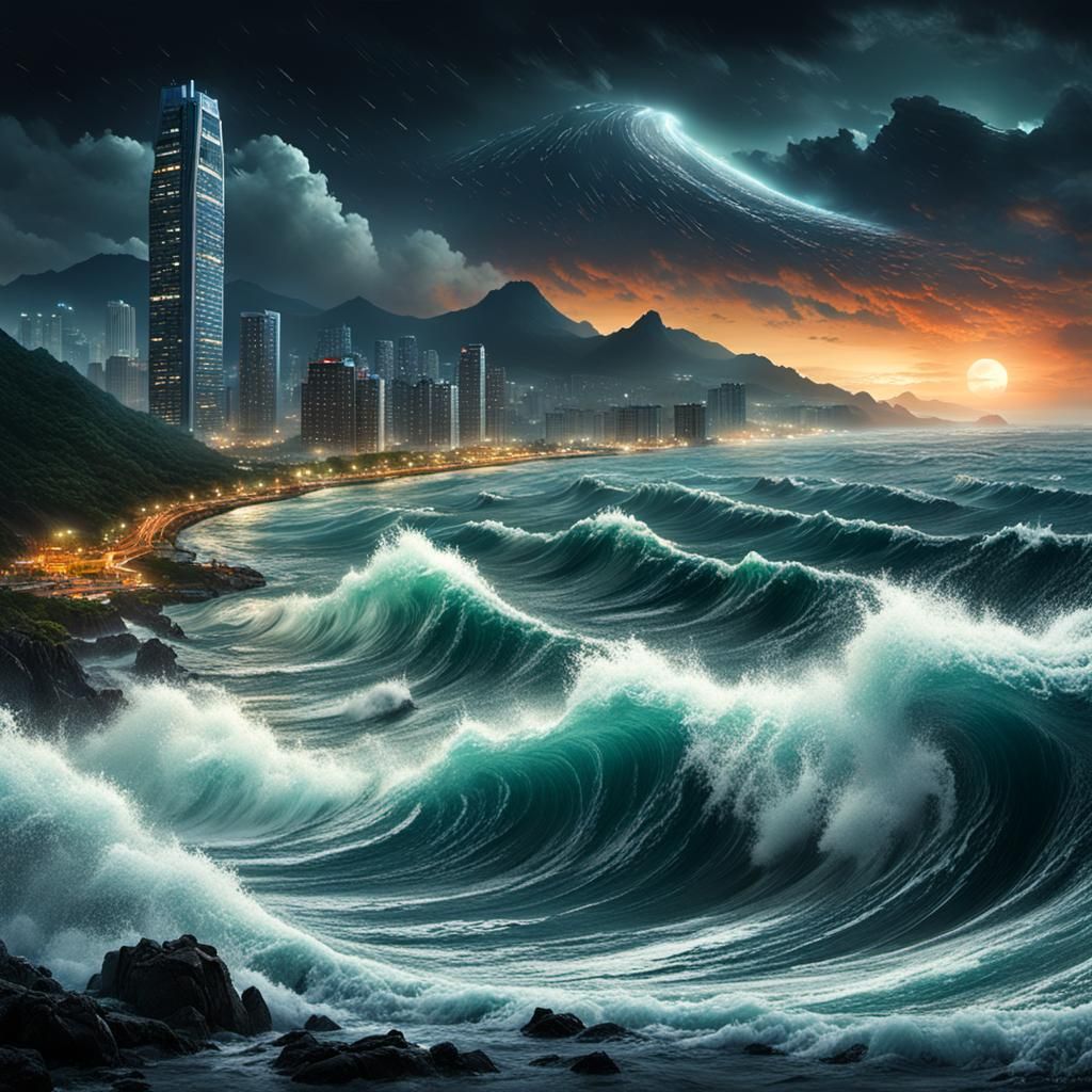 Typhoon Waves Crash in Bay at Night