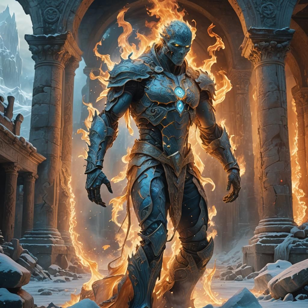 Mystical Fire and Ice Figure in Ancient Ruins