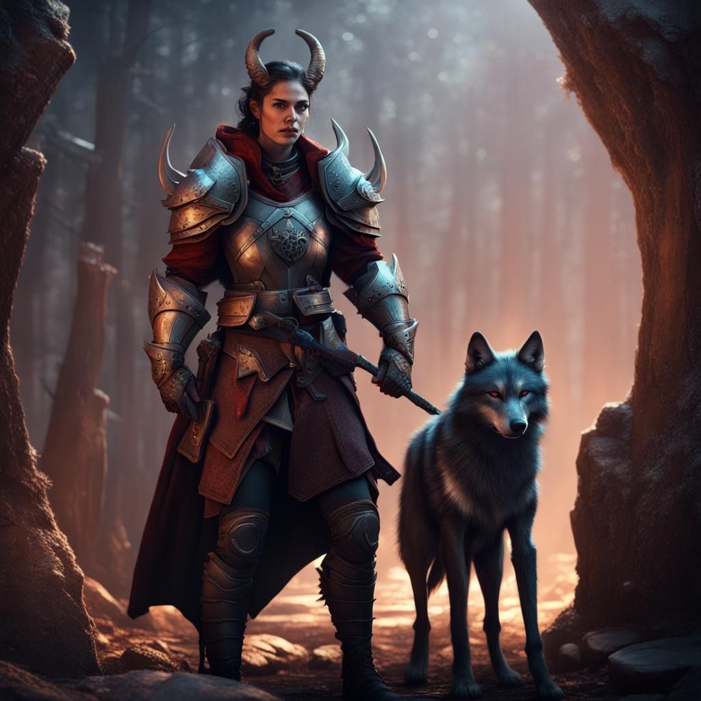 Super tall middle aged tiefling in armor with a pet wolf