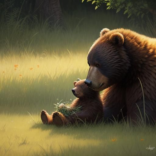 Mom and baby bear sitting in grass