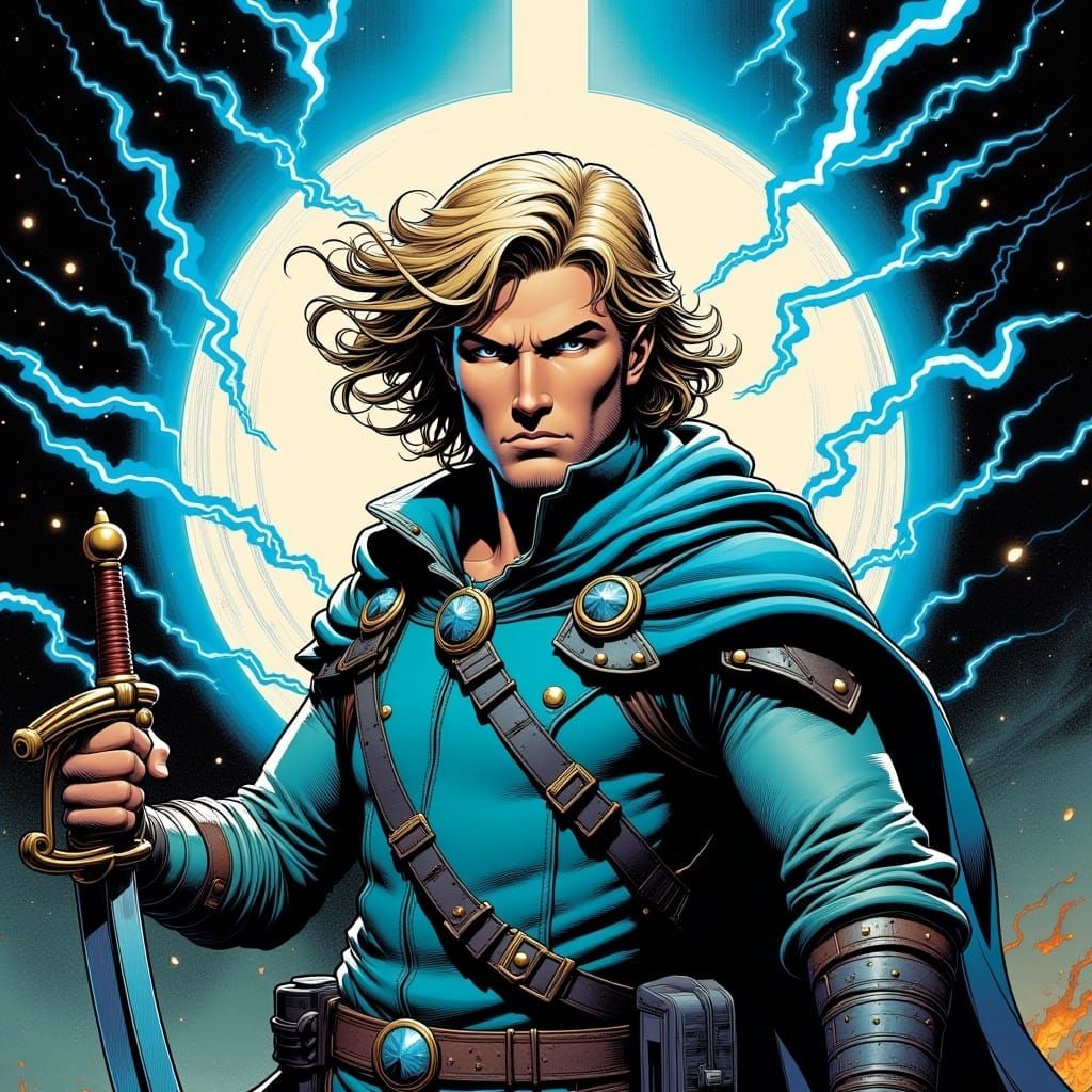 <lora:Comic XL Flux:1.0>  A graphic novel style portrait of a main character male hero with medium length blond hair, shabby clothes, and ho...