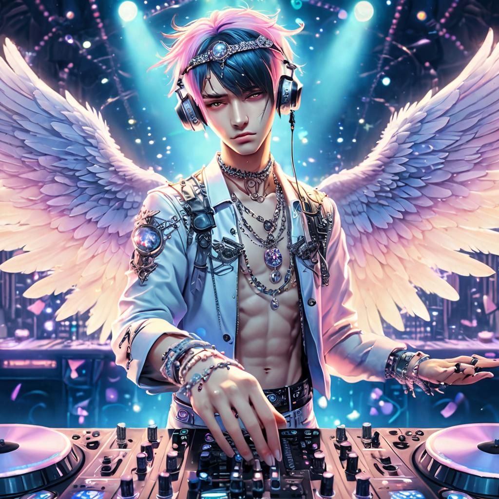 Pastel Goth, Jeweled Male Angel DJ in the club, anime