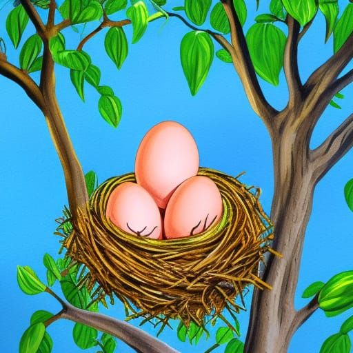 A dragon in a nest filled with eggs in a tree