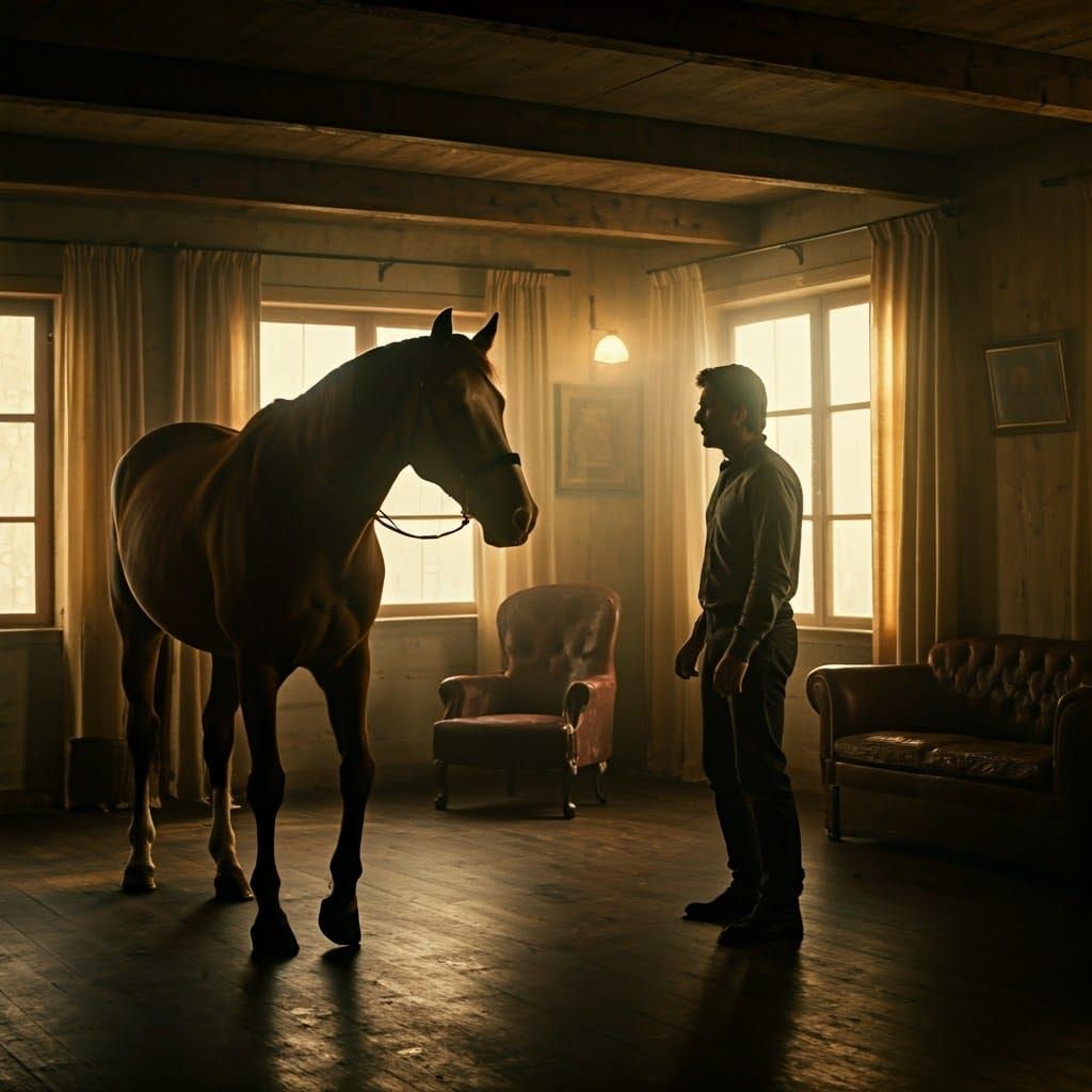Inside a house, a man playing fetch with a horse