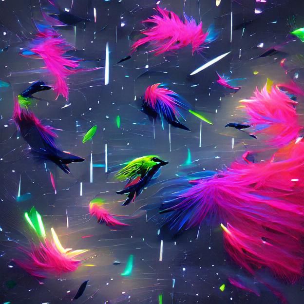 Raining neon feathers in space